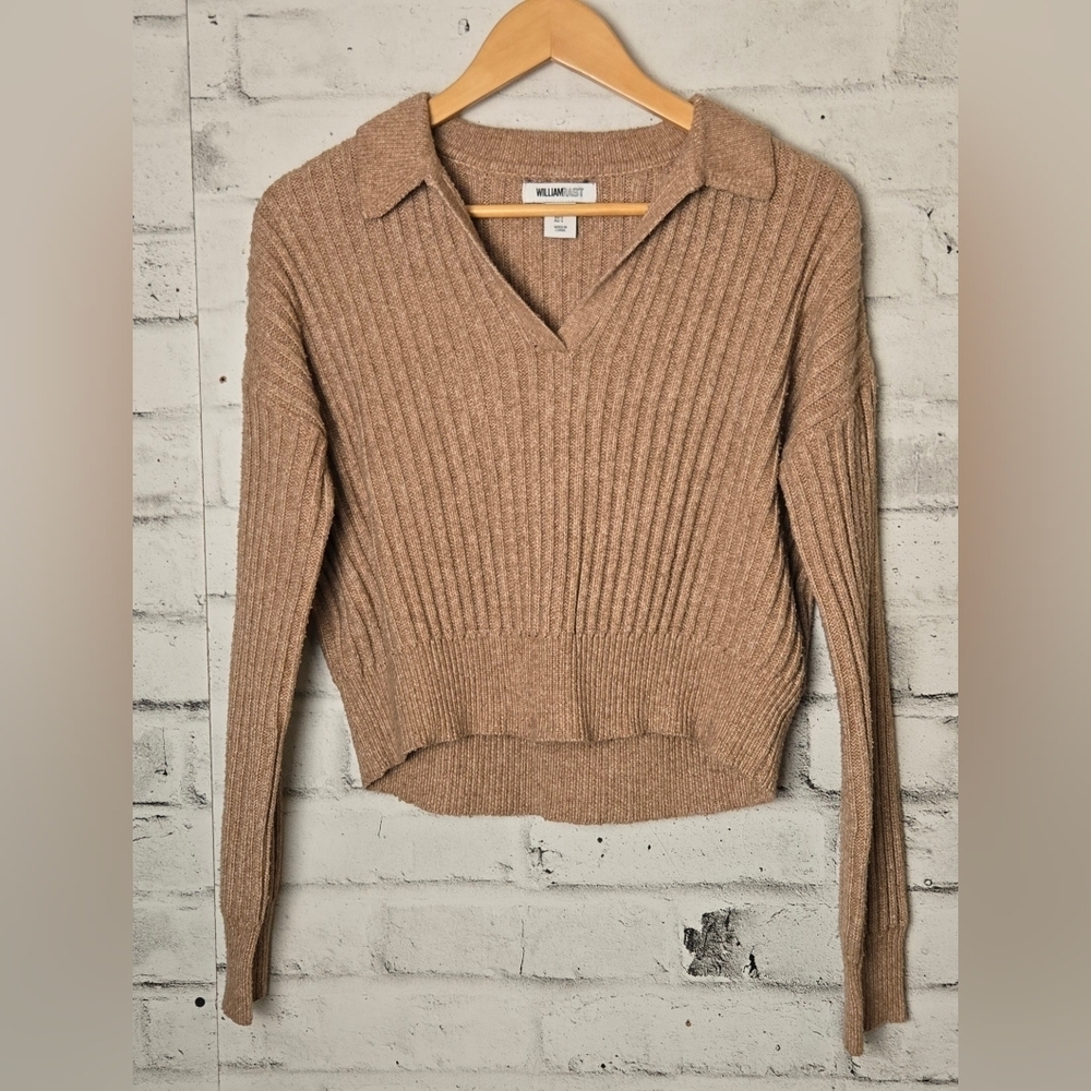 William Rast Ribbed Collared Cropped Sweater Tan Size Small